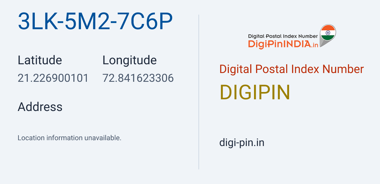 DigiPin 3LK-5M2-7C6P location map showing coordinates 21.226900, 72.841623