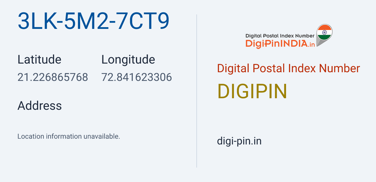 DigiPin 3LK-5M2-7CT9 location map showing coordinates 21.226866, 72.841623