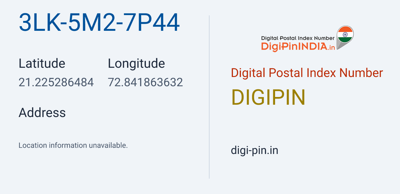 DigiPin 3LK-5M2-7P44 location map showing coordinates 21.225286, 72.841864