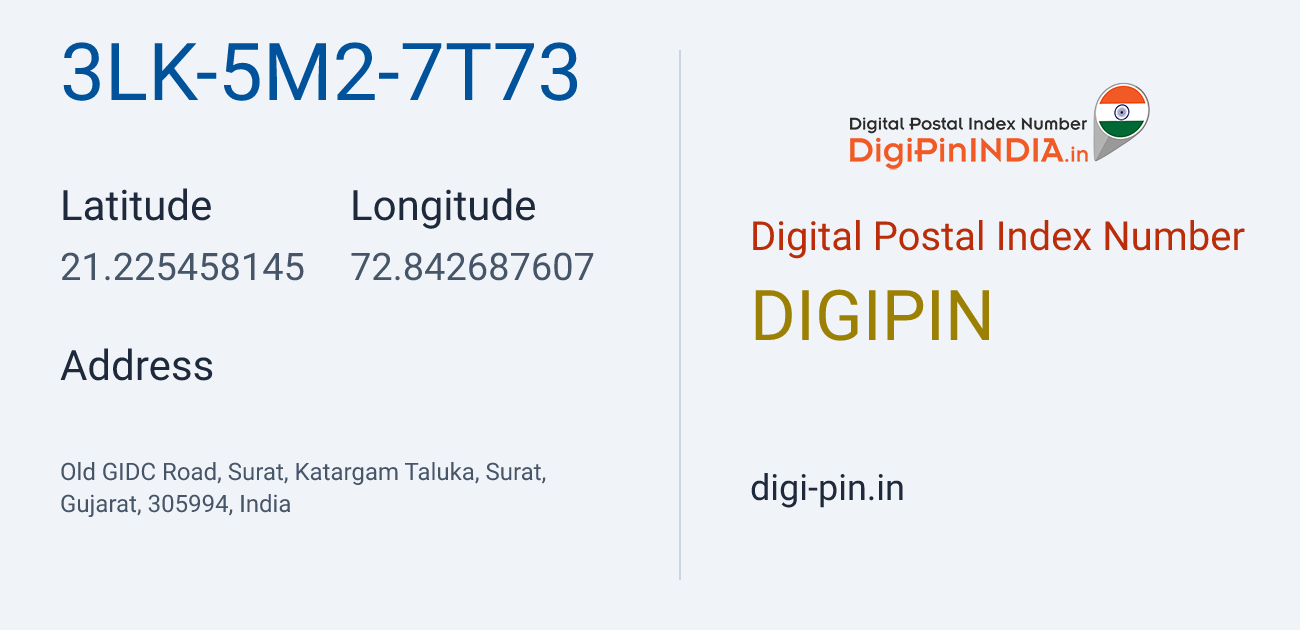 DigiPin 3LK-5M2-7T73 location map showing coordinates 21.225458, 72.842688
