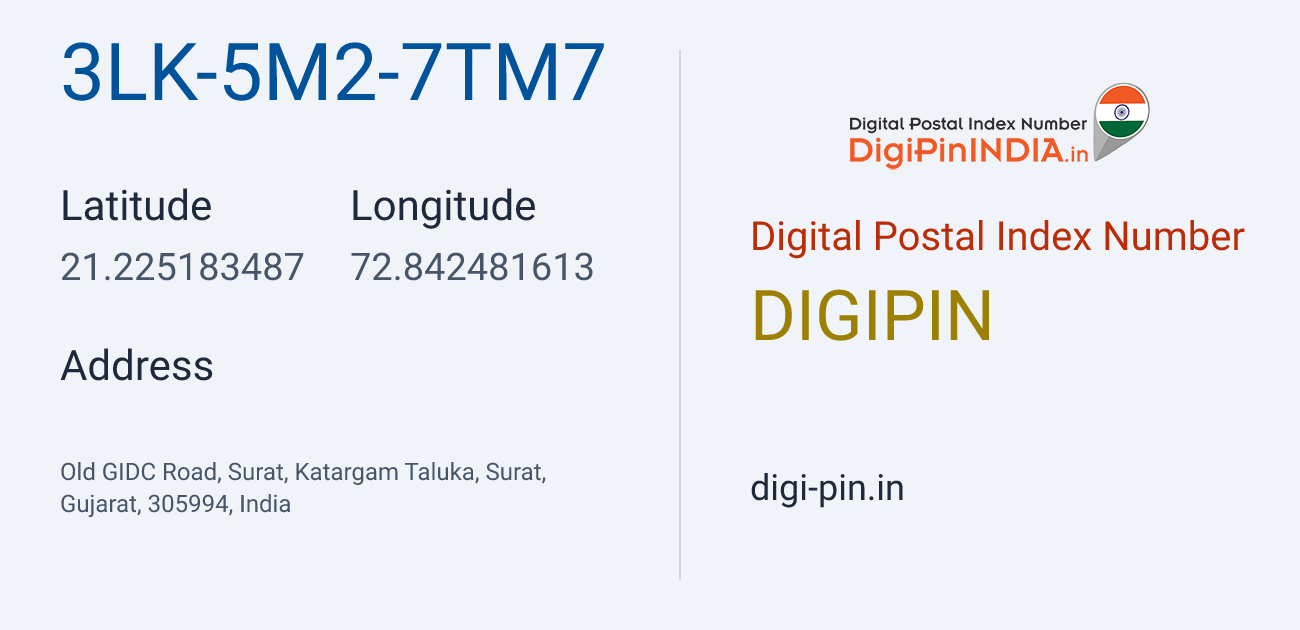 DigiPin 3LK-5M2-7TM7 location map showing coordinates 21.225183, 72.842482