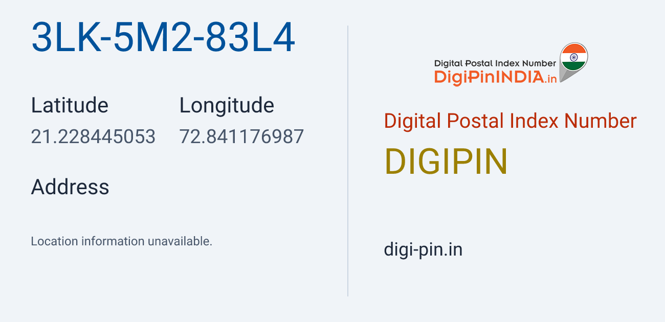 DigiPin 3LK-5M2-83L4 location map showing coordinates 21.228445, 72.841177