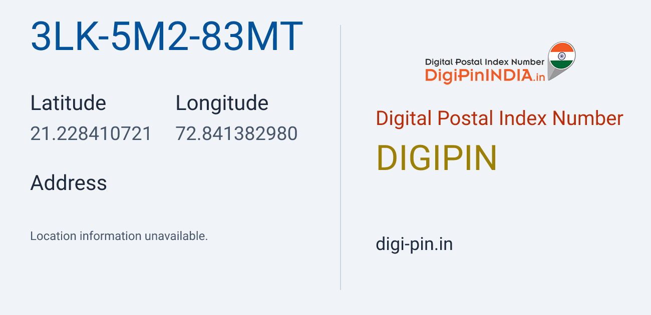 DigiPin 3LK-5M2-83MT location map showing coordinates 21.228411, 72.841383