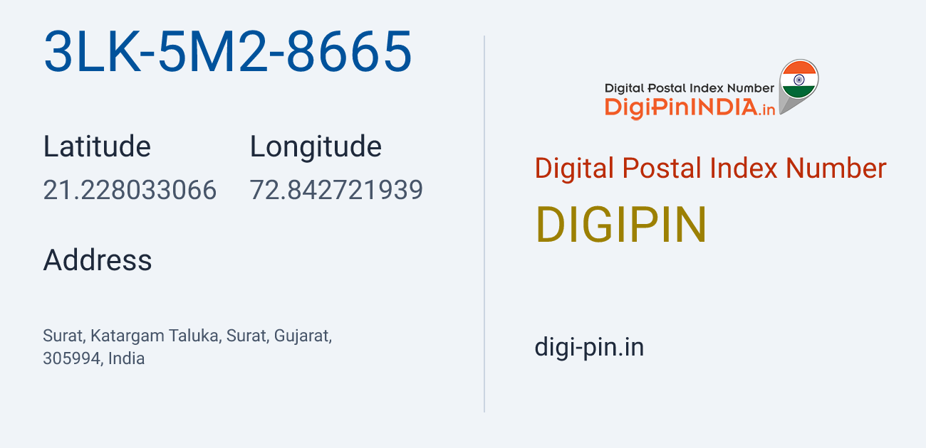 DigiPin 3LK-5M2-8665 location map showing coordinates 21.228033, 72.842722