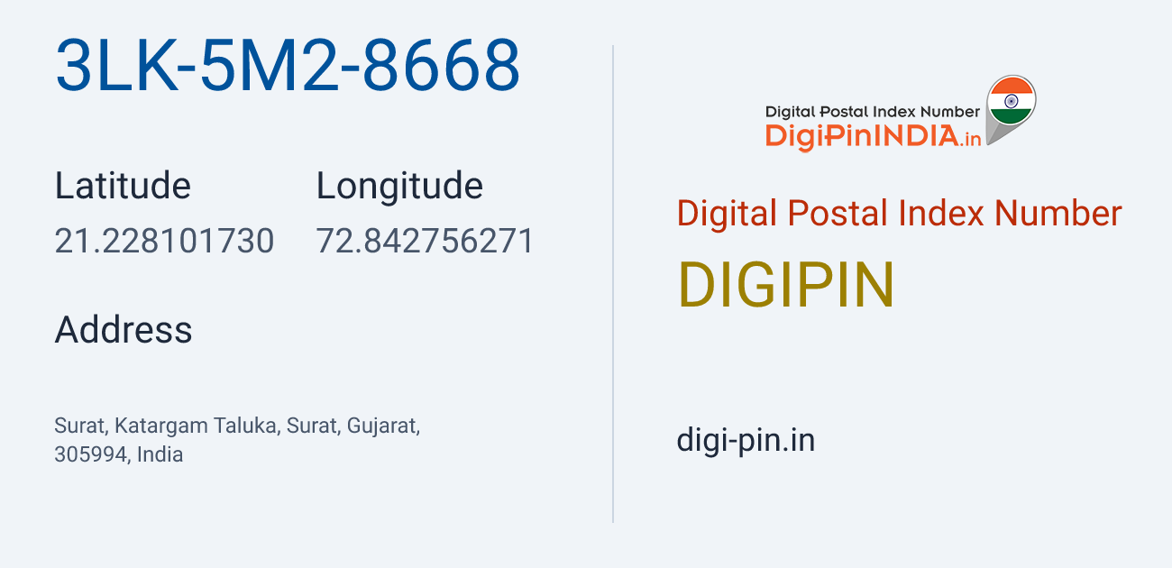 DigiPin 3LK-5M2-8668 location map showing coordinates 21.228102, 72.842756