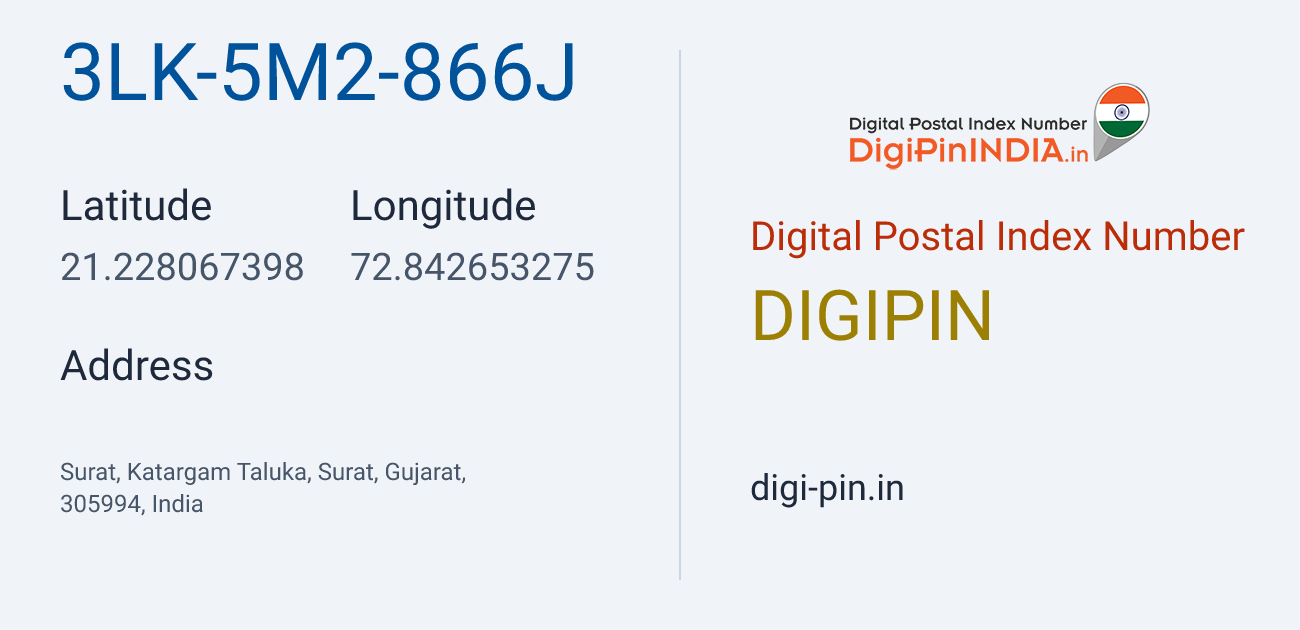 DigiPin 3LK-5M2-866J location map showing coordinates 21.228067, 72.842653