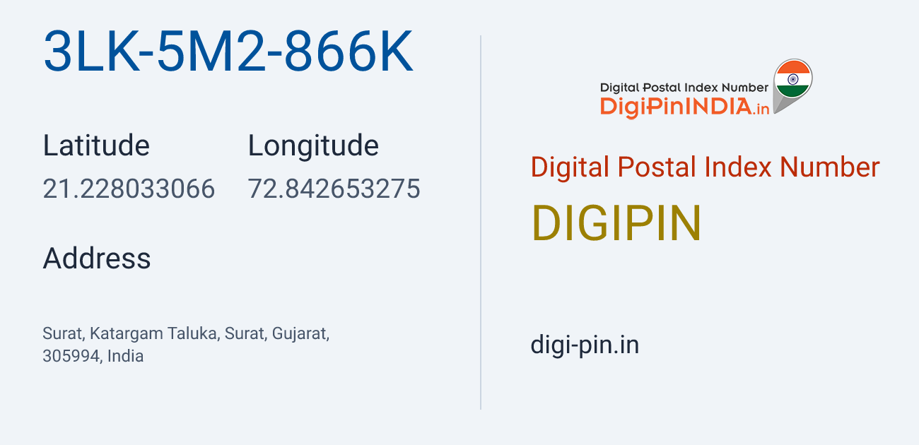 DigiPin 3LK-5M2-866K location map showing coordinates 21.228033, 72.842653