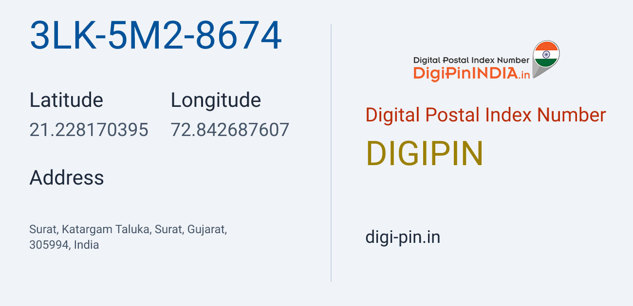 DigiPin 3LK-5M2-8674 location map showing coordinates 21.228170, 72.842688