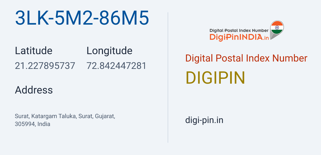 DigiPin 3LK-5M2-86M5 location map showing coordinates 21.227896, 72.842447