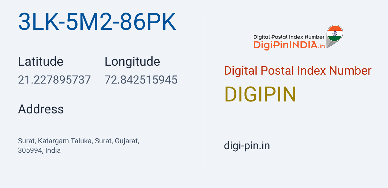 DigiPin 3LK-5M2-86PK location map showing coordinates 21.227896, 72.842516