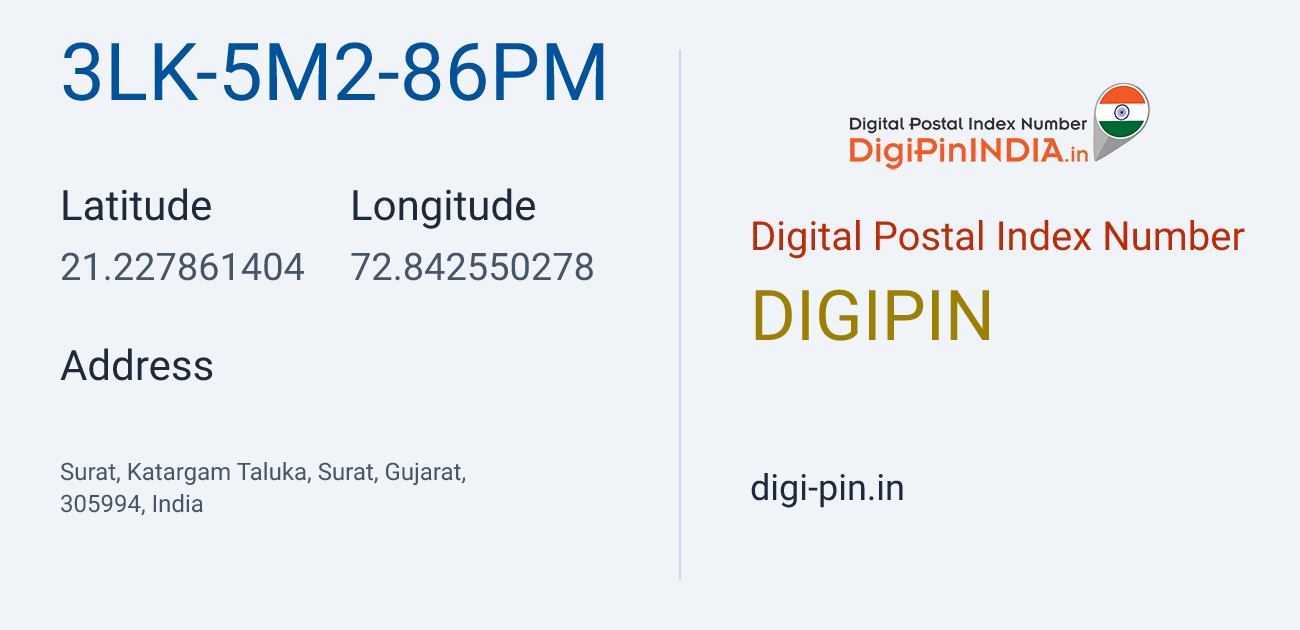 DigiPin 3LK-5M2-86PM location map showing coordinates 21.227861, 72.842550