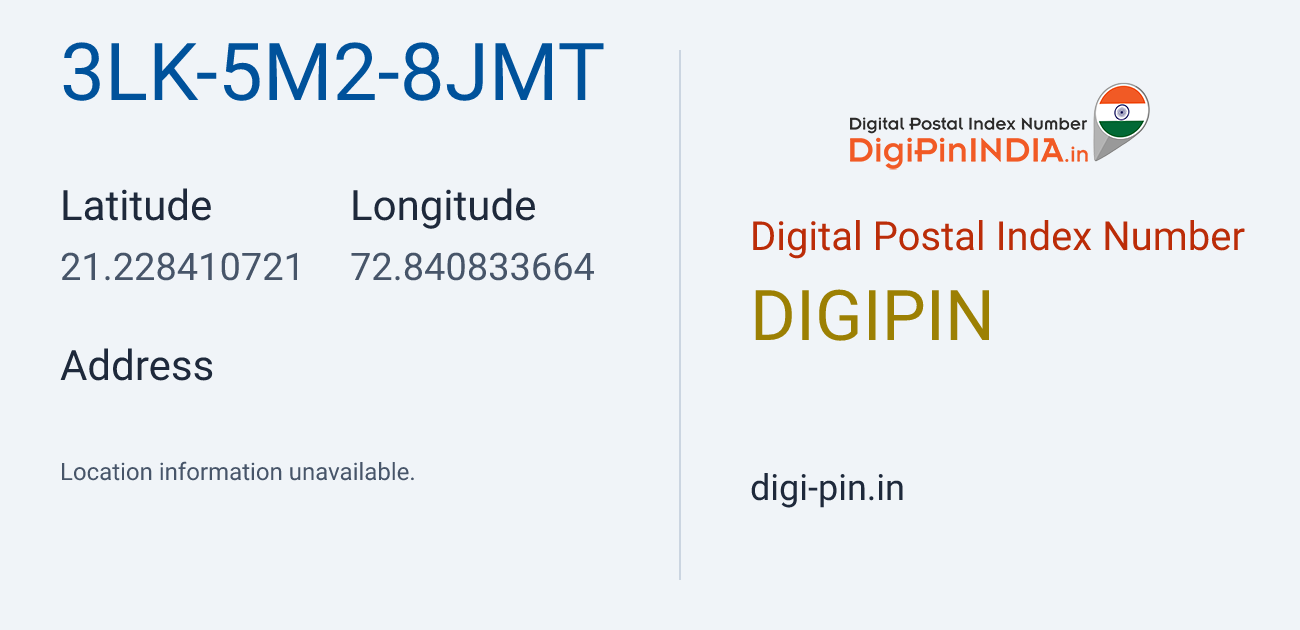 DigiPin 3LK-5M2-8JMT location map showing coordinates 21.228411, 72.840834