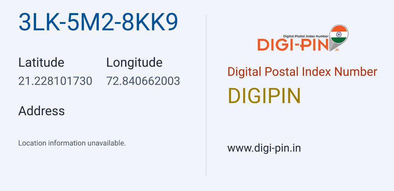 DigiPin 3LK-5M2-8KK9 location map showing coordinates 21.228102, 72.840662