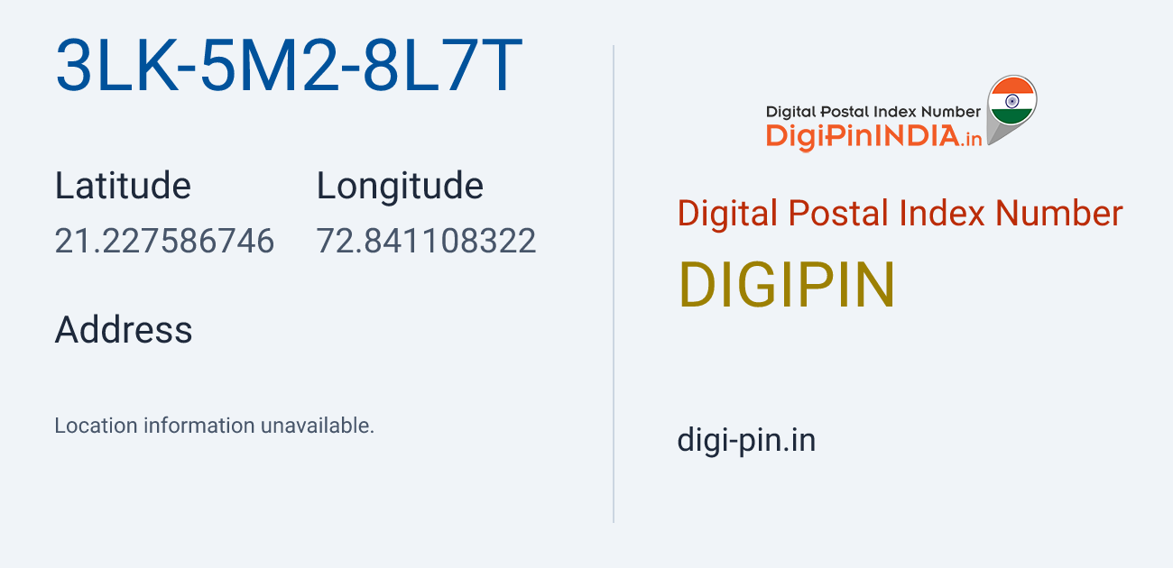 DigiPin 3LK-5M2-8L7T location map showing coordinates 21.227587, 72.841108
