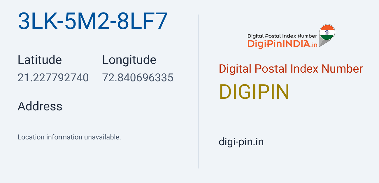 DigiPin 3LK-5M2-8LF7 location map showing coordinates 21.227793, 72.840696