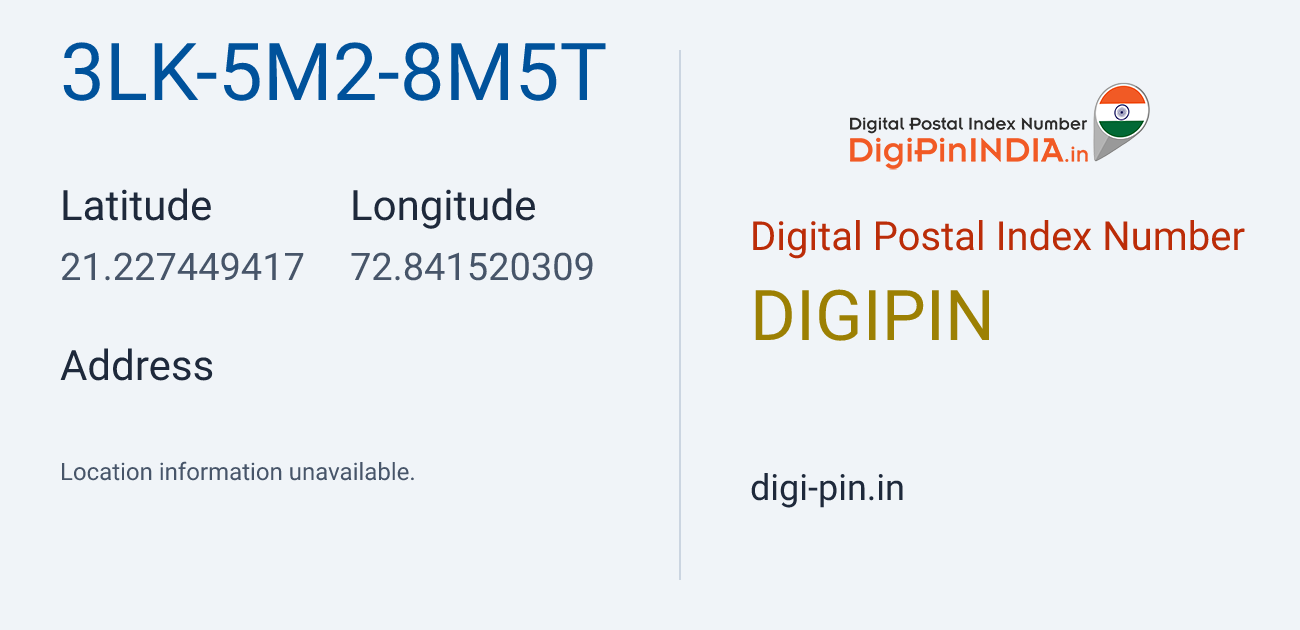 DigiPin 3LK-5M2-8M5T location map showing coordinates 21.227449, 72.841520