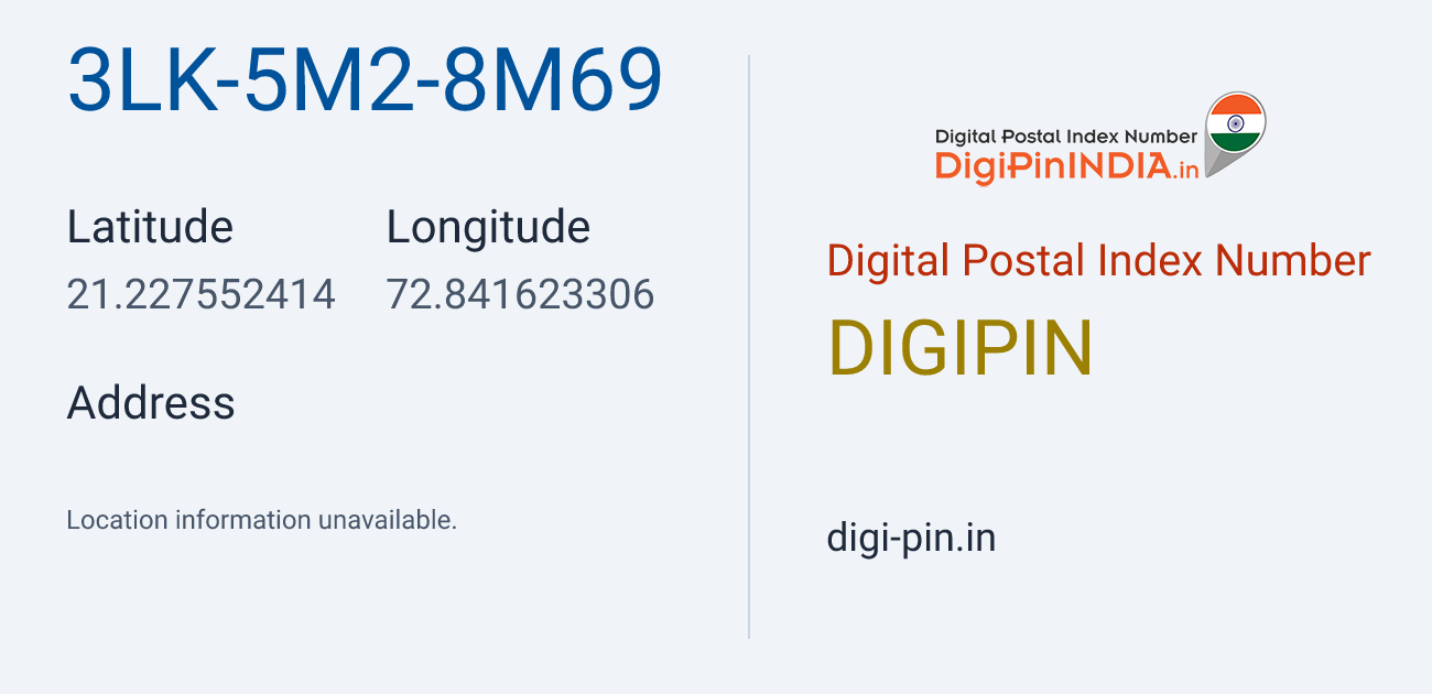 DigiPin 3LK-5M2-8M69 location map showing coordinates 21.227552, 72.841623