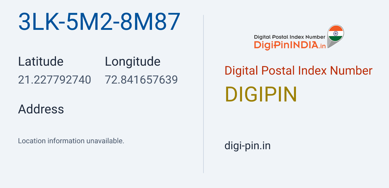 DigiPin 3LK-5M2-8M87 location map showing coordinates 21.227793, 72.841658