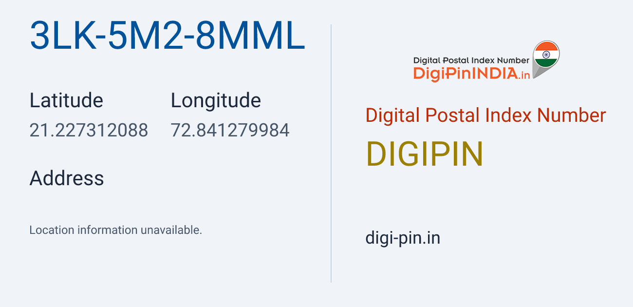 DigiPin 3LK-5M2-8MML location map showing coordinates 21.227312, 72.841280