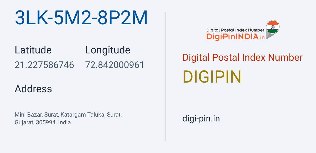 DigiPin 3LK-5M2-8P2M location map showing coordinates 21.227587, 72.842001