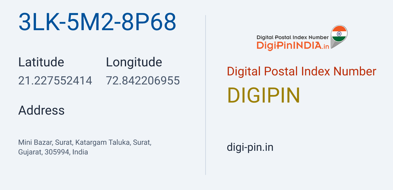 DigiPin 3LK-5M2-8P68 location map showing coordinates 21.227552, 72.842207