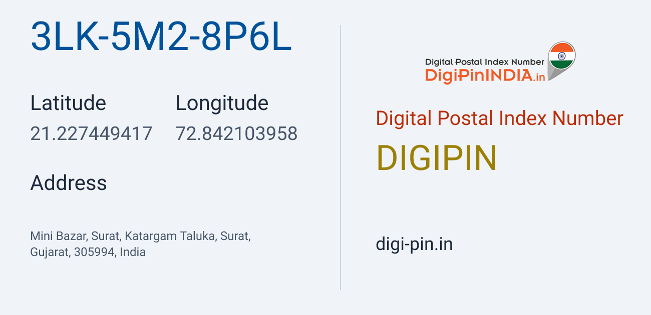 DigiPin 3LK-5M2-8P6L location map showing coordinates 21.227449, 72.842104
