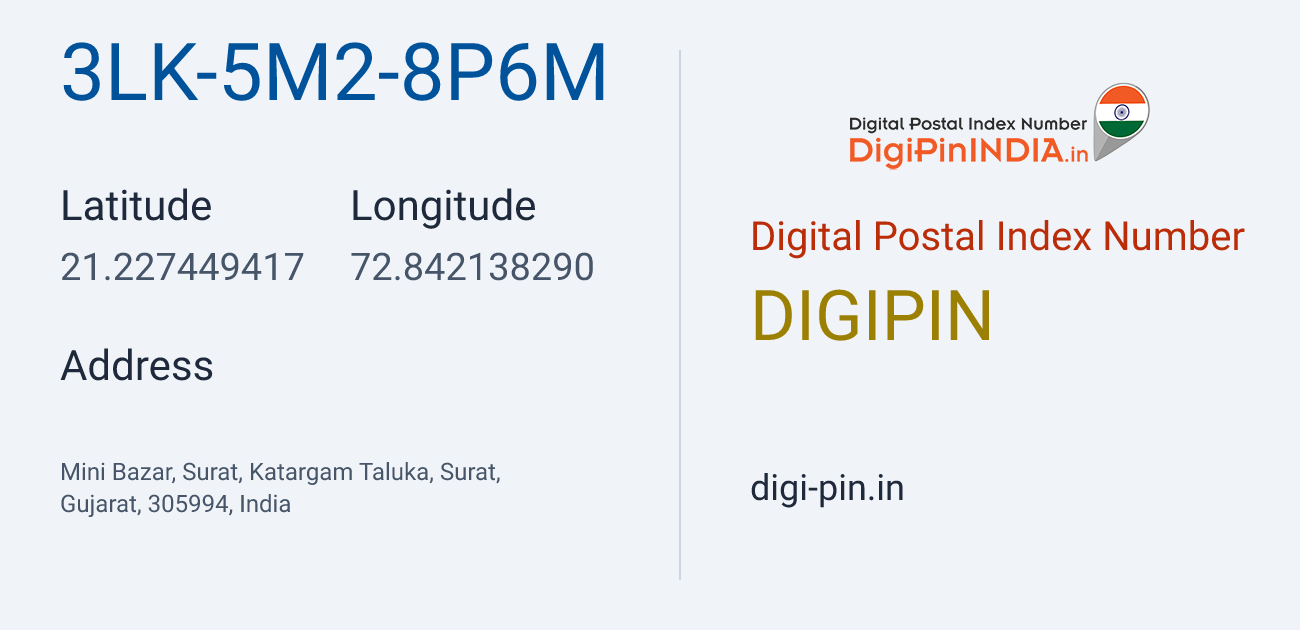 DigiPin 3LK-5M2-8P6M location map showing coordinates 21.227449, 72.842138