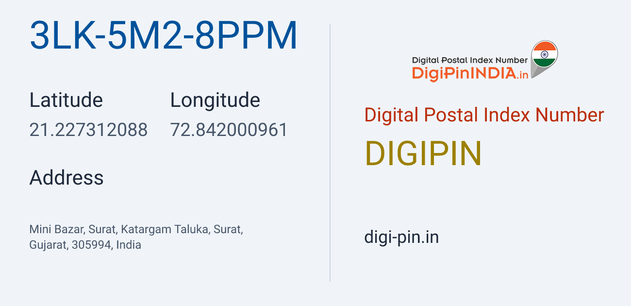 DigiPin 3LK-5M2-8PPM location map showing coordinates 21.227312, 72.842001