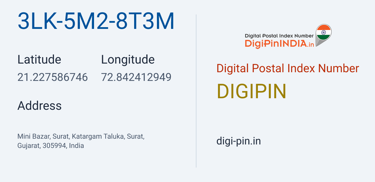 DigiPin 3LK-5M2-8T3M location map showing coordinates 21.227587, 72.842413