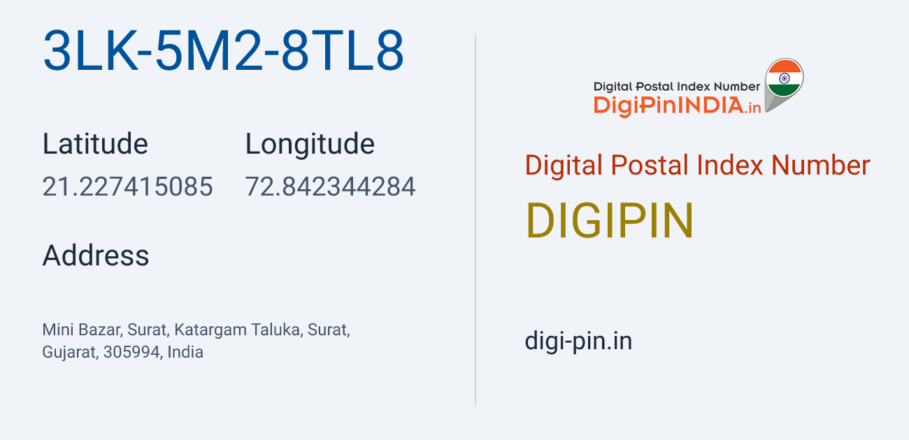 DigiPin 3LK-5M2-8TL8 location map showing coordinates 21.227415, 72.842344