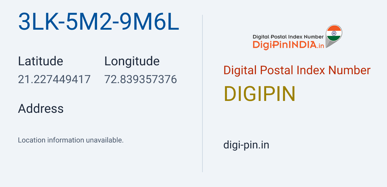 DigiPin 3LK-5M2-9M6L location map showing coordinates 21.227449, 72.839357