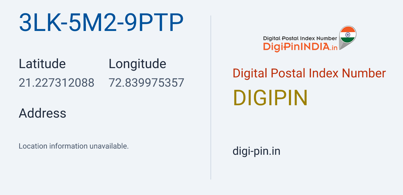 DigiPin 3LK-5M2-9PTP location map showing coordinates 21.227312, 72.839975