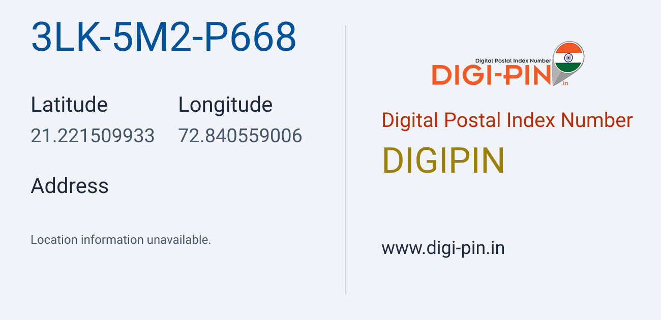 DigiPin 3LK-5M2-P668 location map showing coordinates 21.221510, 72.840559