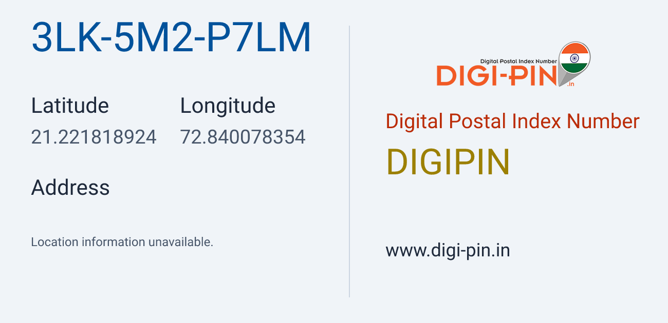 DigiPin 3LK-5M2-P7LM location map showing coordinates 21.221819, 72.840078