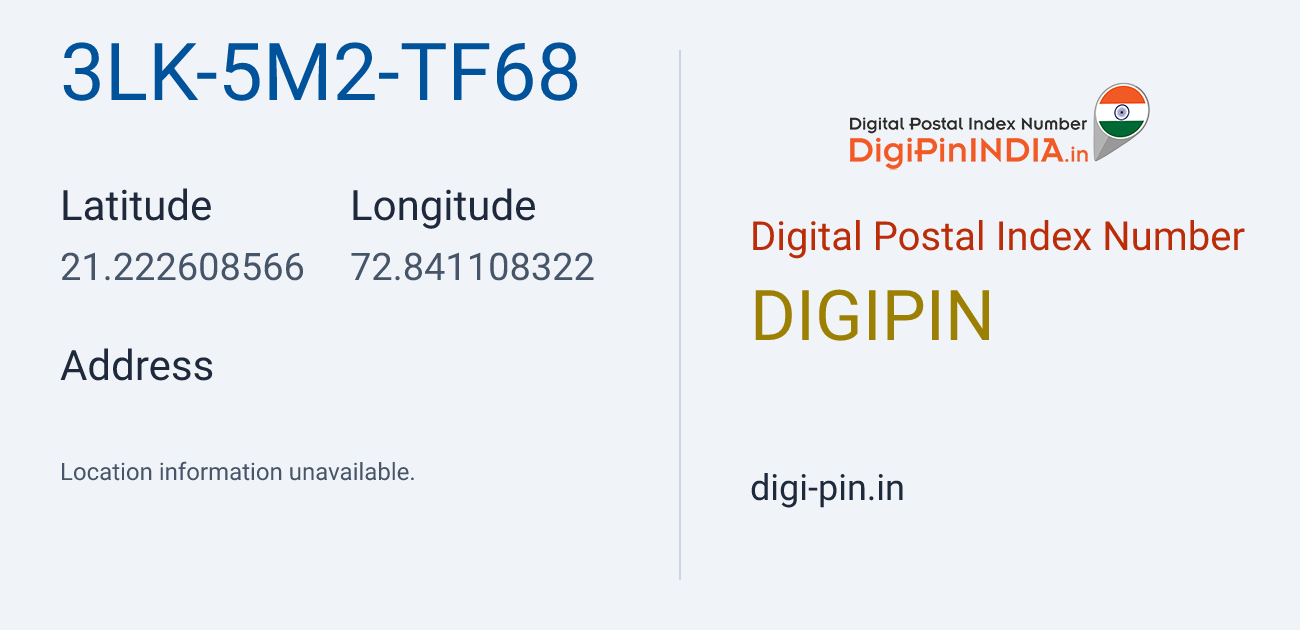 DigiPin 3LK-5M2-TF68 location map showing coordinates 21.222609, 72.841108