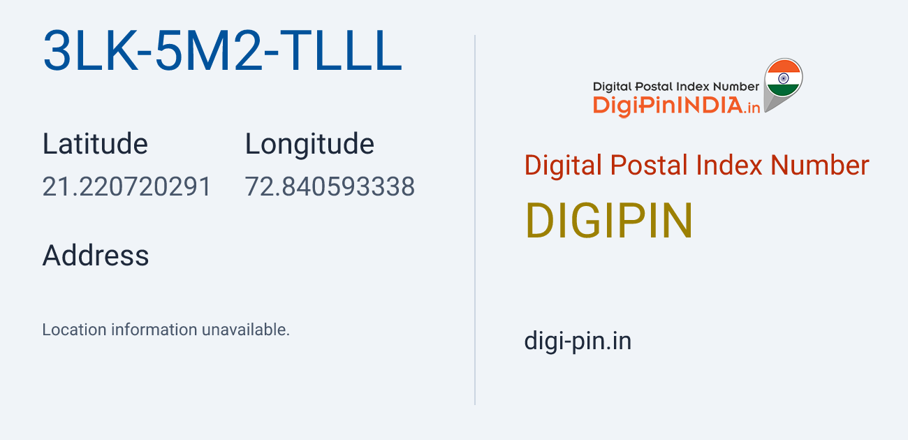 DigiPin 3LK-5M2-TLLL location map showing coordinates 21.220720, 72.840593