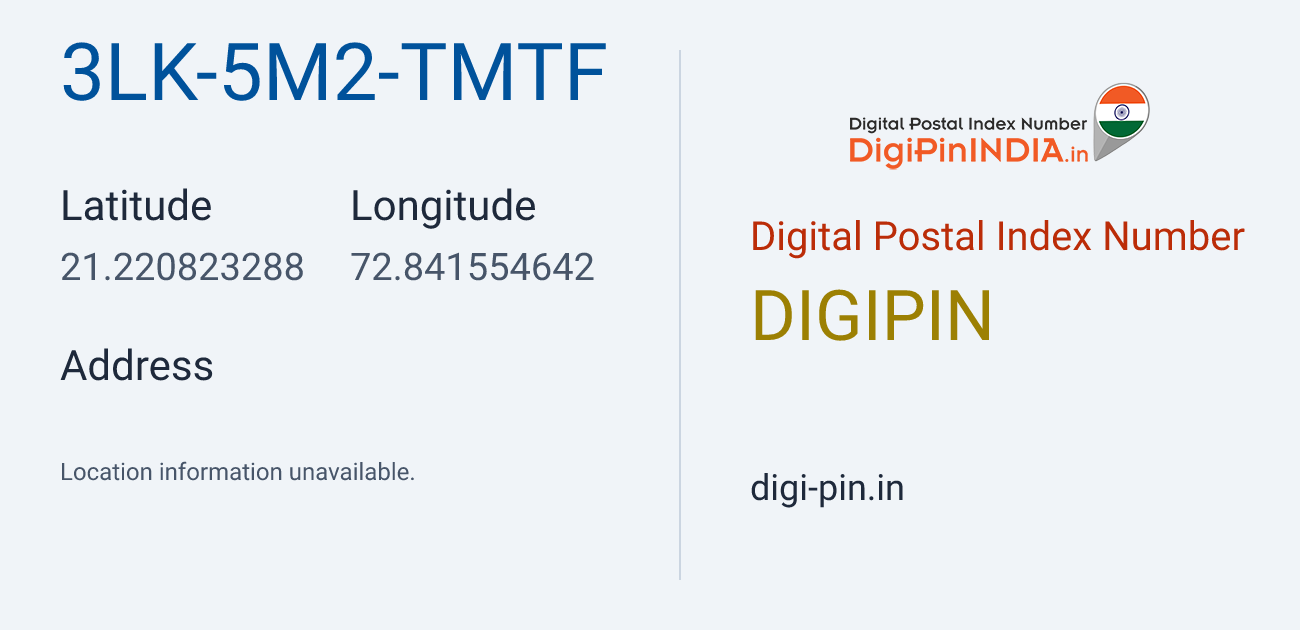 DigiPin 3LK-5M2-TMTF location map showing coordinates 21.220823, 72.841555