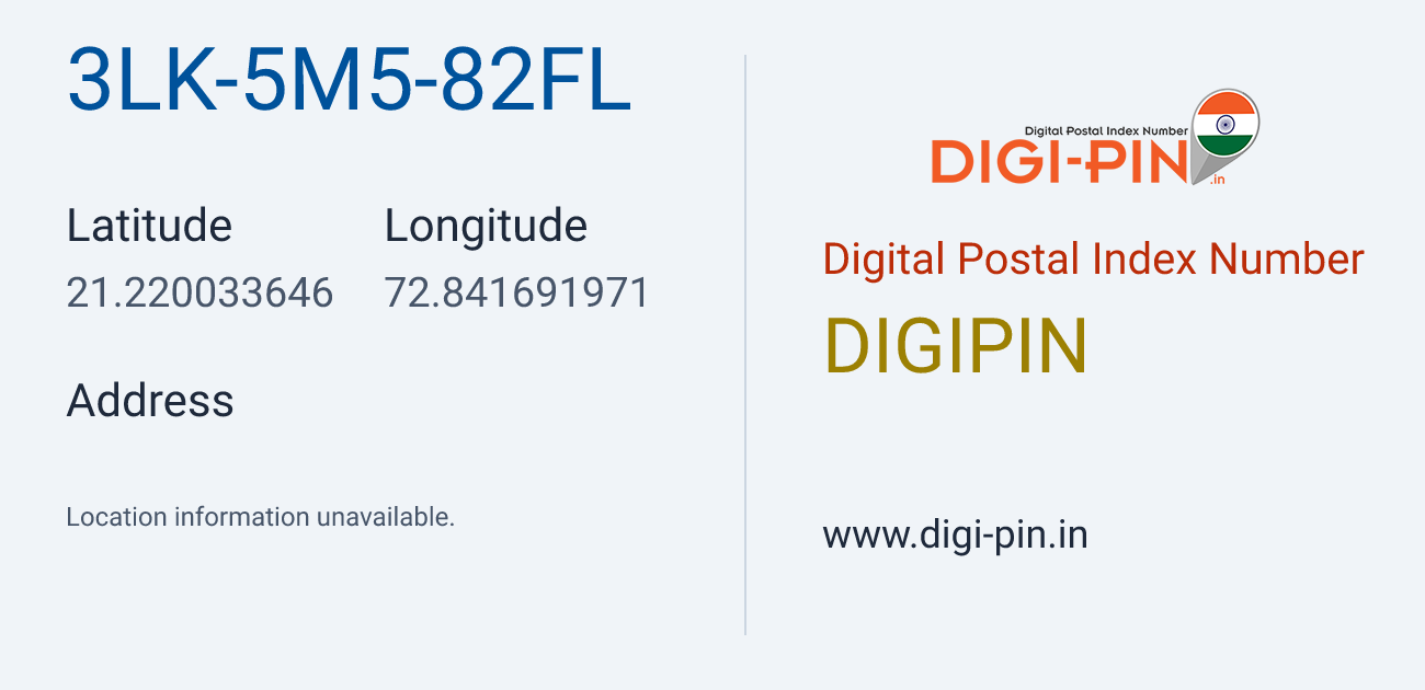 DigiPin 3LK-5M5-82FL location map showing coordinates 21.220034, 72.841692