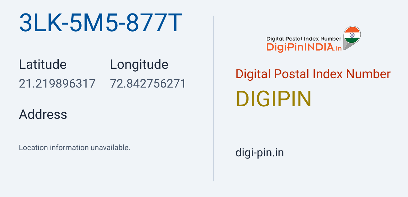 DigiPin 3LK-5M5-877T location map showing coordinates 21.219896, 72.842756