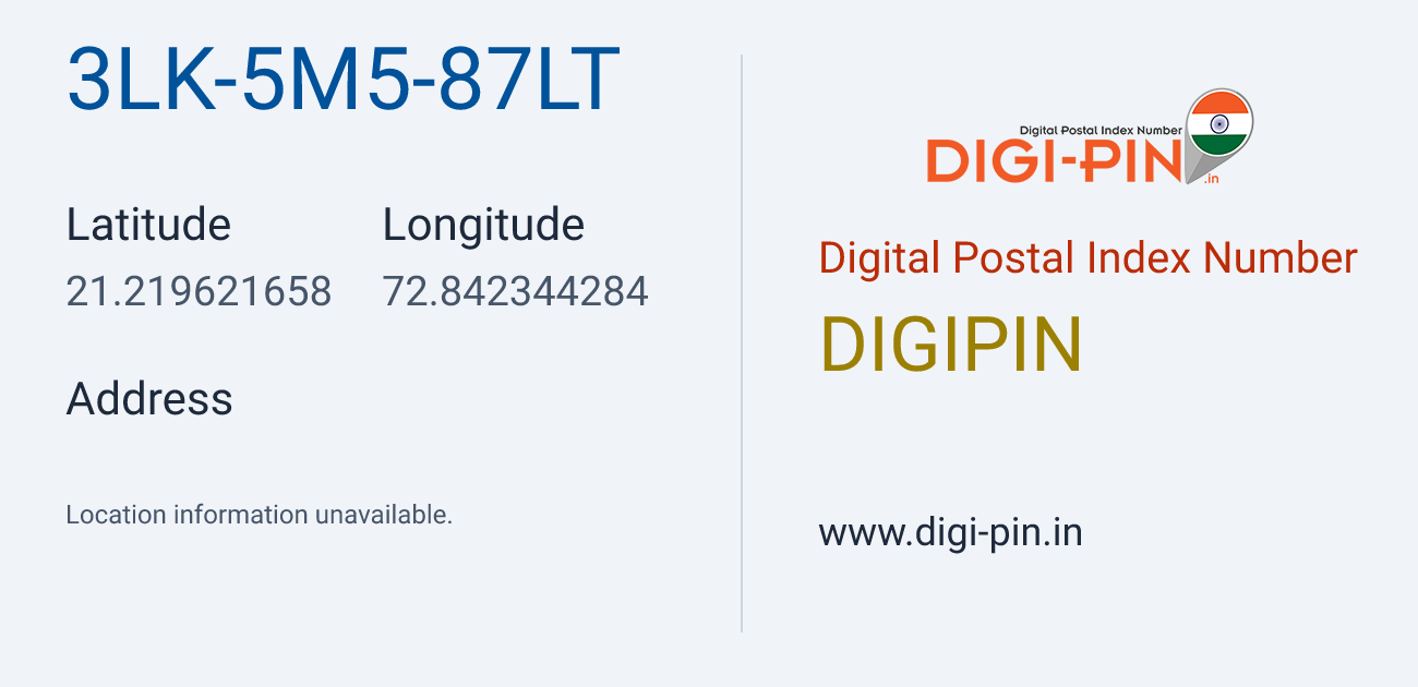 DigiPin 3LK-5M5-87LT location map showing coordinates 21.219622, 72.842344