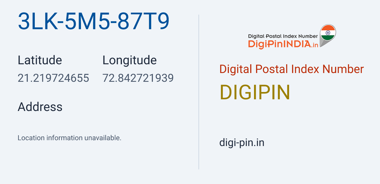 DigiPin 3LK-5M5-87T9 location map showing coordinates 21.219725, 72.842722
