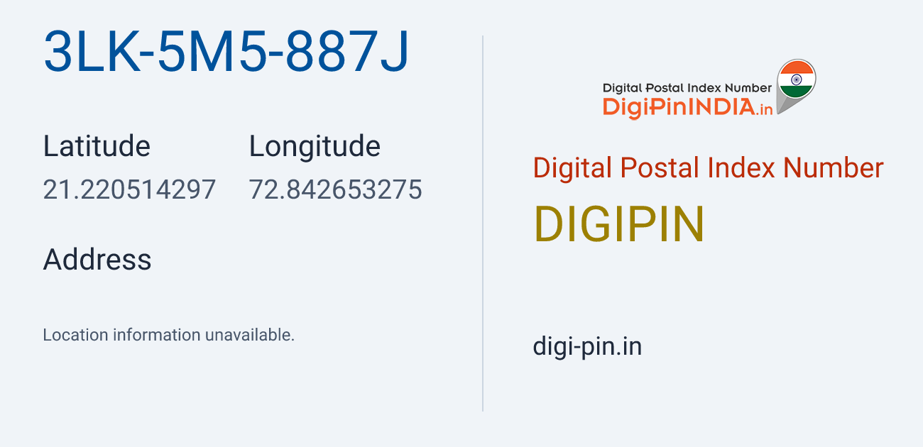 DigiPin 3LK-5M5-887J location map showing coordinates 21.220514, 72.842653