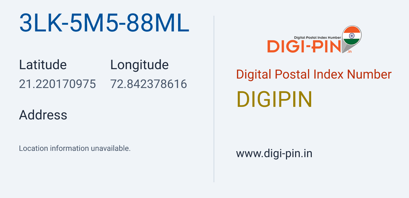 DigiPin 3LK-5M5-88ML location map showing coordinates 21.220171, 72.842379