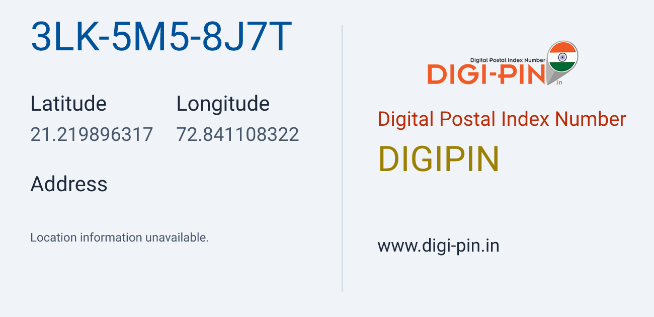 DigiPin 3LK-5M5-8J7T location map showing coordinates 21.219896, 72.841108