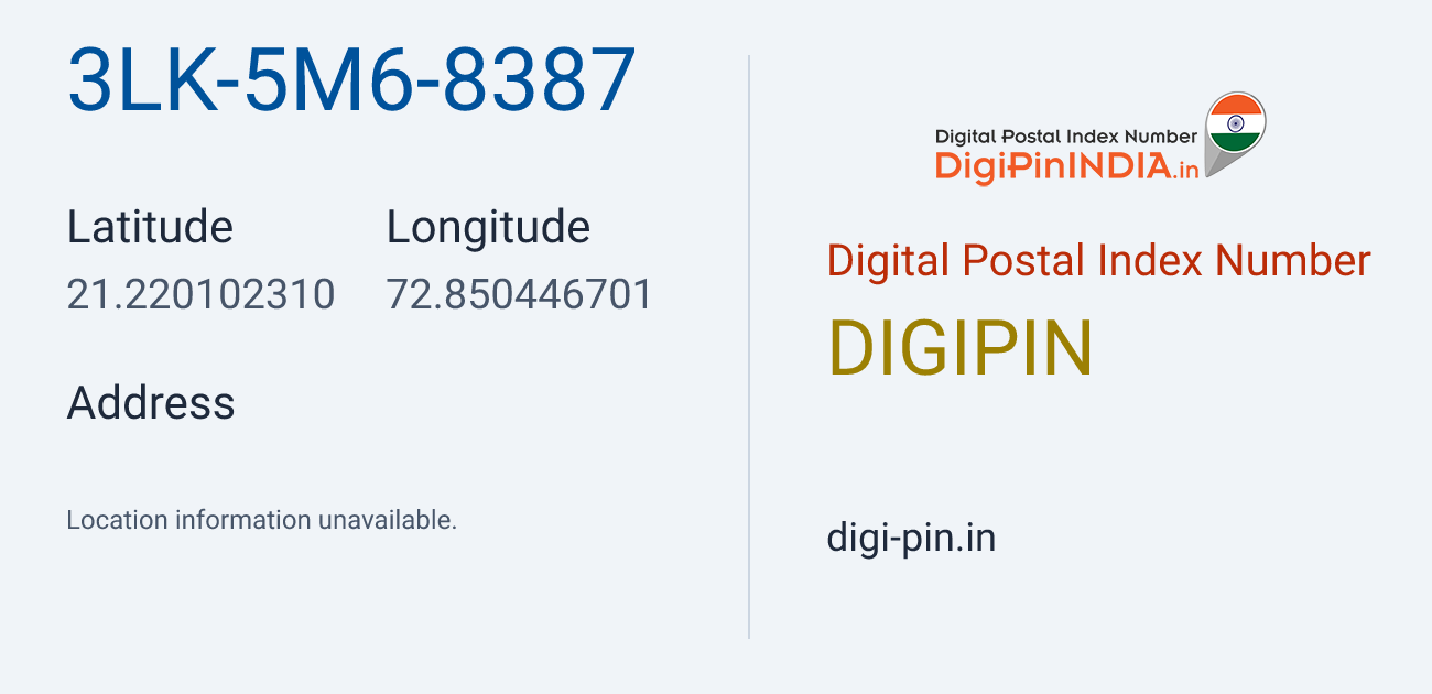 DigiPin 3LK-5M6-8387 location map showing coordinates 21.220102, 72.850447