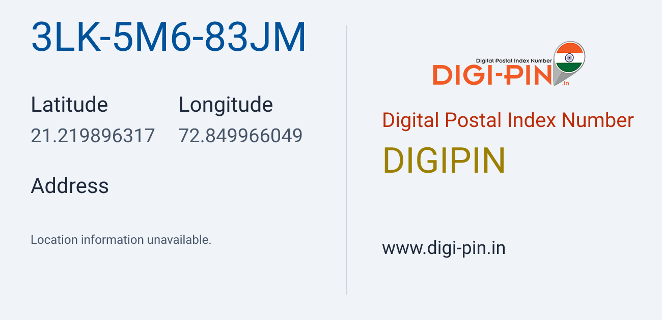DigiPin 3LK-5M6-83JM location map showing coordinates 21.219896, 72.849966