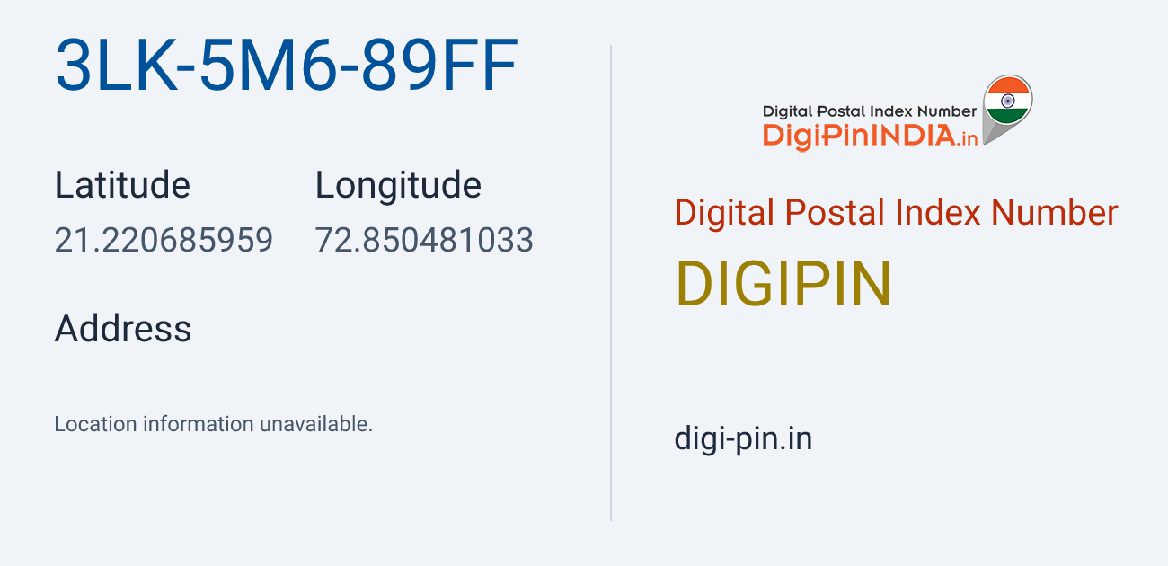 DigiPin 3LK-5M6-89FF location map showing coordinates 21.220686, 72.850481
