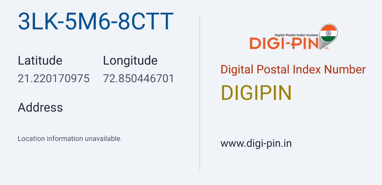 DigiPin 3LK-5M6-8CTT location map showing coordinates 21.220171, 72.850447