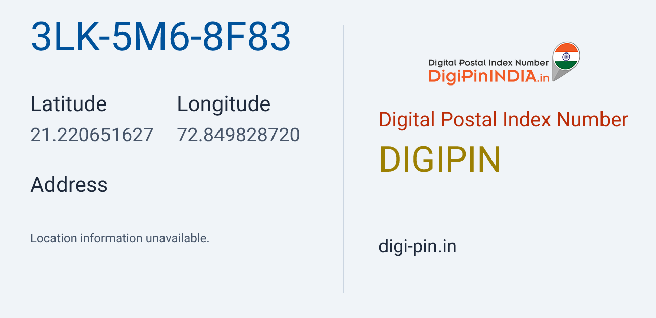 DigiPin 3LK-5M6-8F83 location map showing coordinates 21.220652, 72.849829