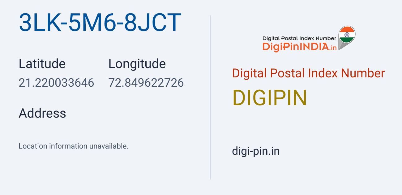 DigiPin 3LK-5M6-8JCT location map showing coordinates 21.220034, 72.849623